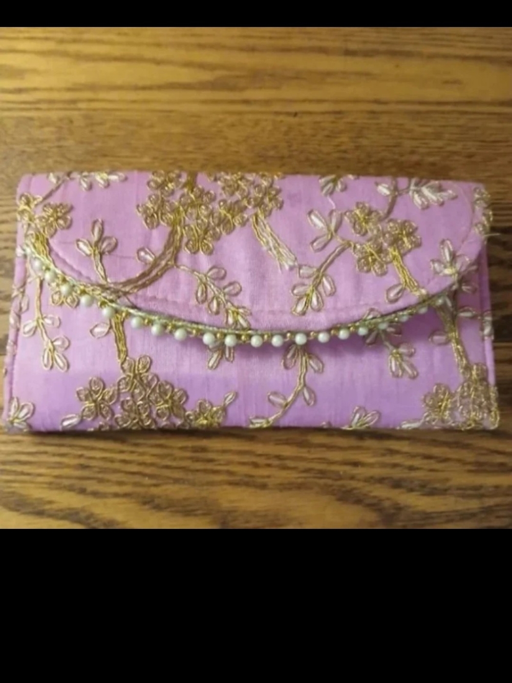 Zardozi New Pink,Gold Floral Vine,Pearl beads Potli Envelope Clutch Wallet
